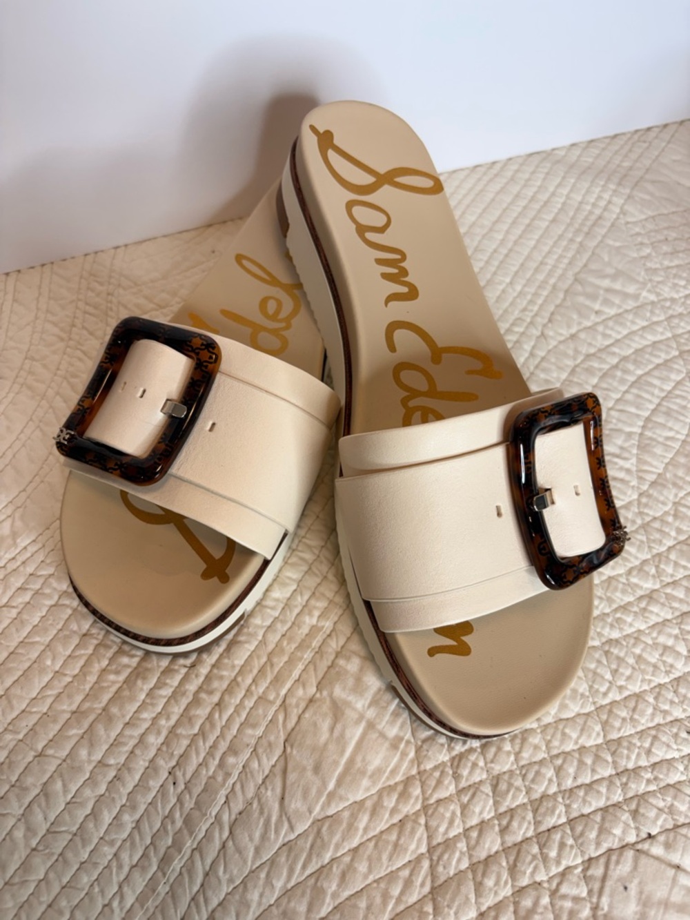 Sam Edelman Cream Slide Sandals with Tortoiseshell Buckle Size 11